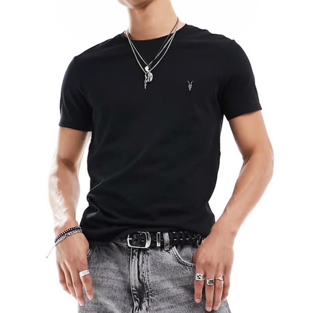 AllSaints Organic Cotton Logo Crewneck T-Shirt Mens L Slim Fit Minimalist Grunge